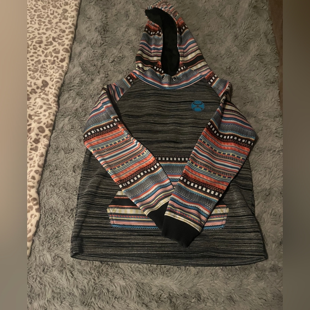 Hooey Gray Hoodie with Multicolor Aztec Sleeves